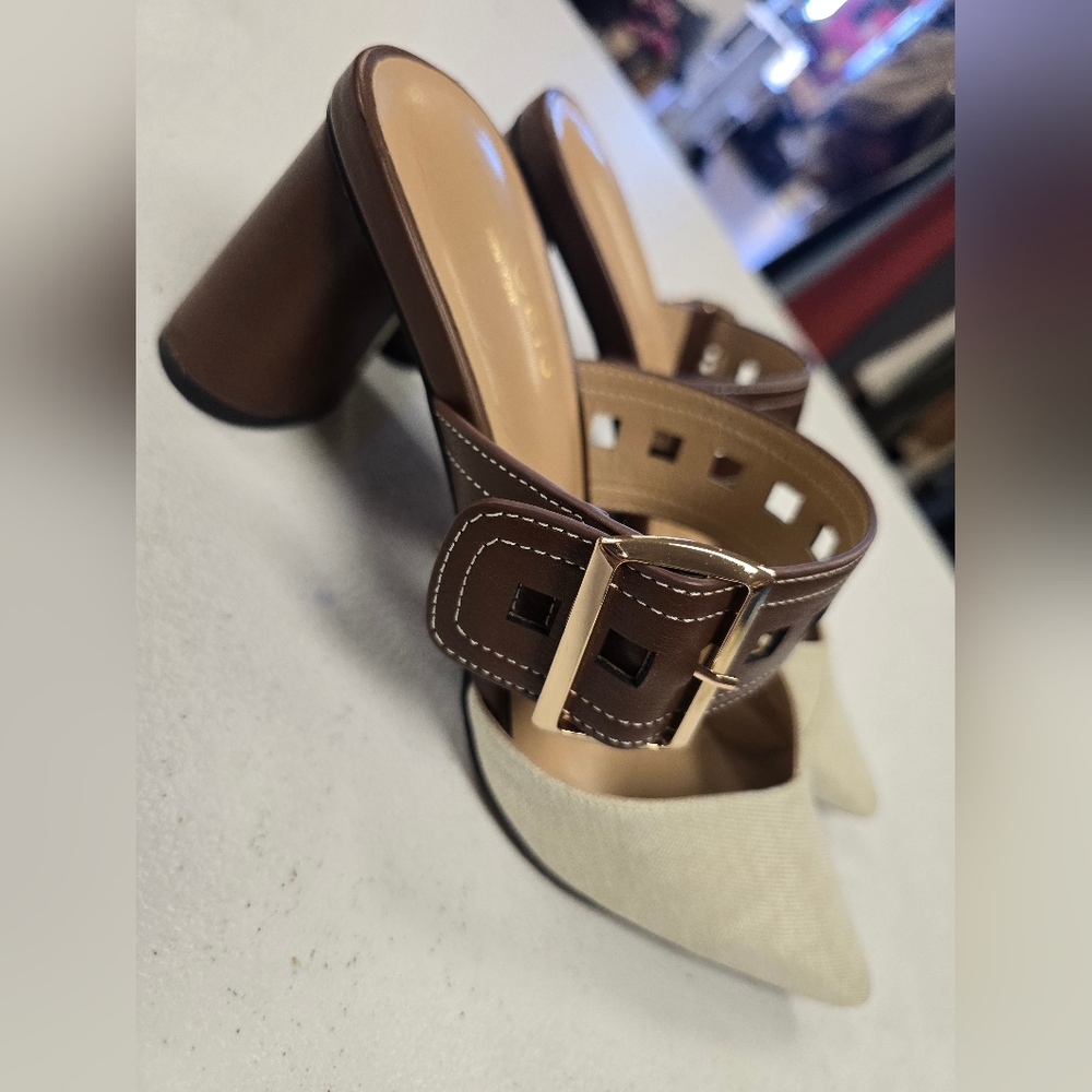 Brown and Cream Women's Heeled Mules